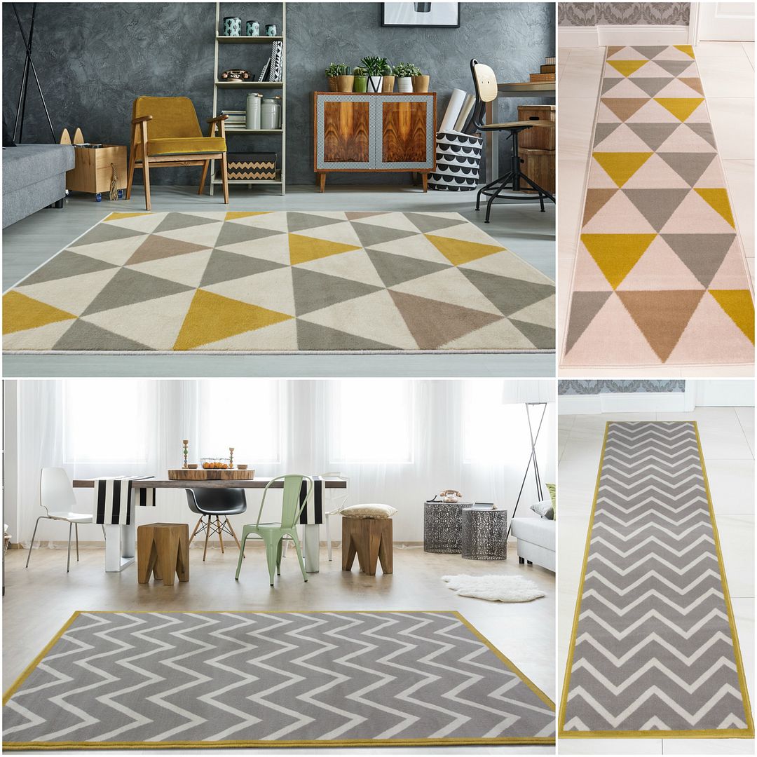 Yellow Mustard & Grey Geometric Rug Ochre Nordic Chevron ZigZag Living